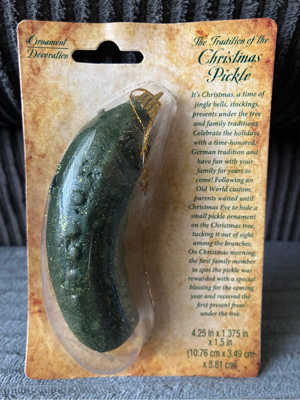 Vintage New Green Christmas Pickle Tradition Ornament with Gold Glitter NIP